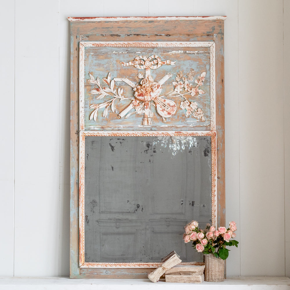 Antique French Blue Musical Trumeau Mirror