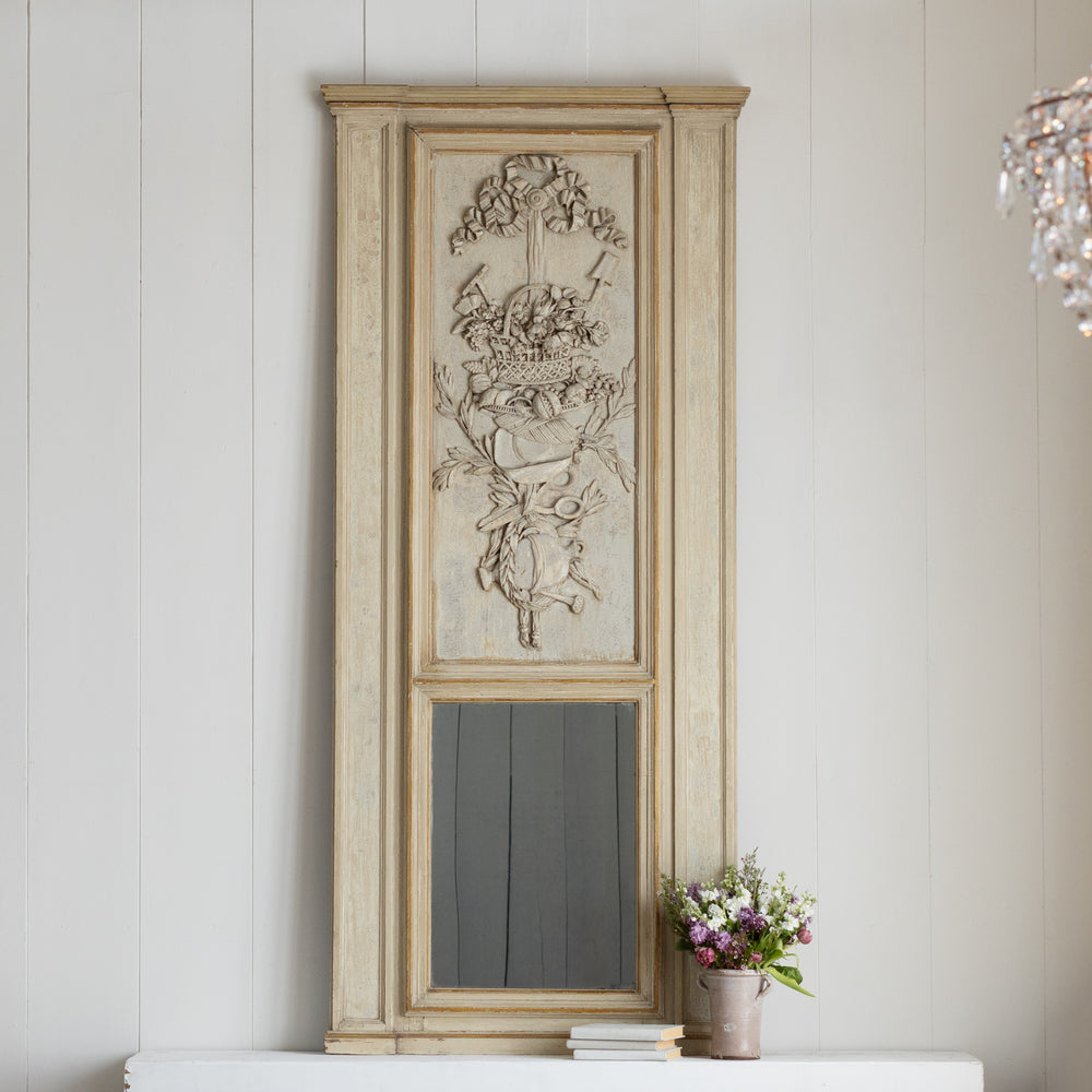 Large Antique Chateau Trumeau Mirror with Carved Detail