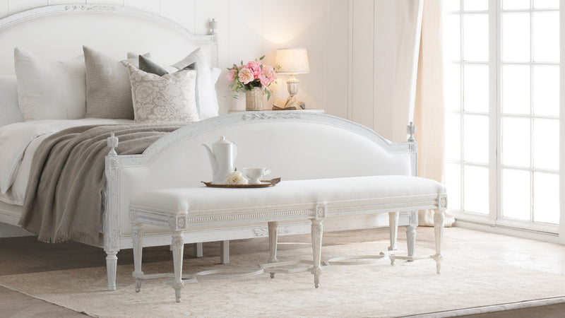 Constance Bench in White Linen and Weathered White Finish