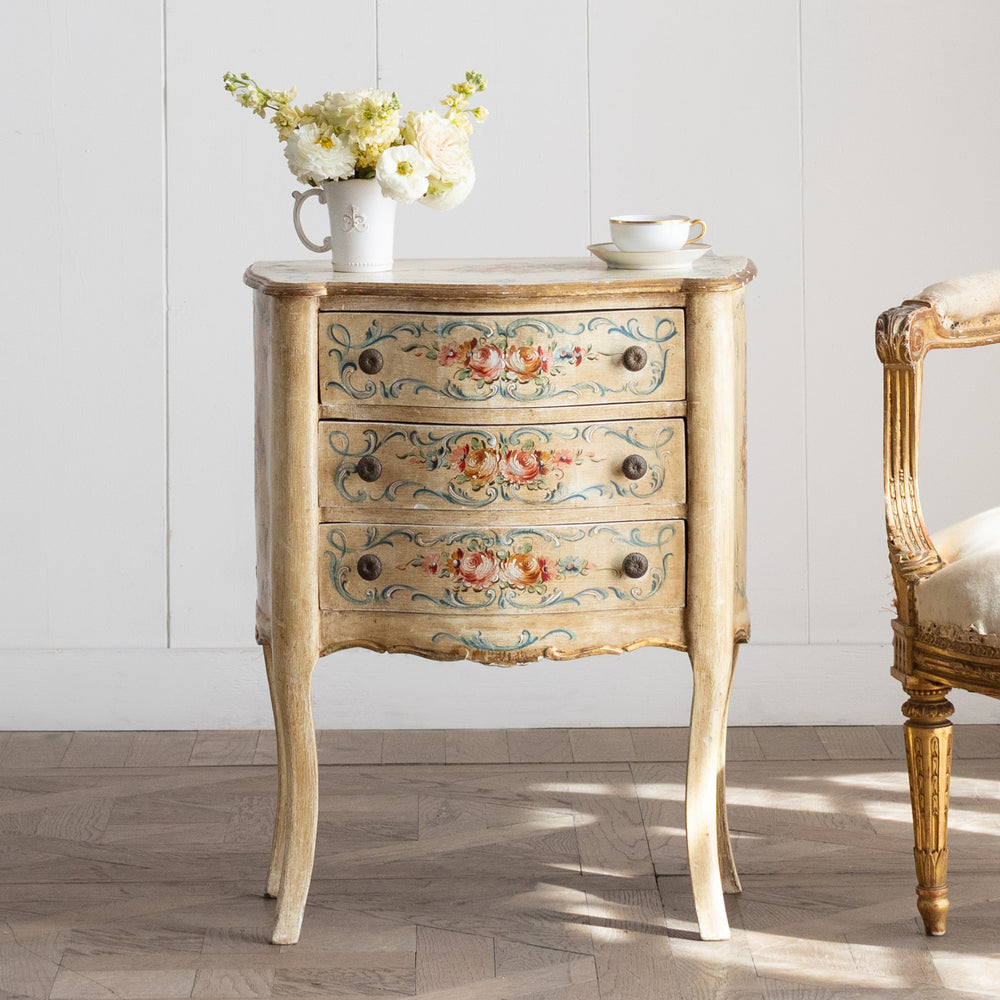 Antique Florentine Painted Nightstand with Rose Painting Detail