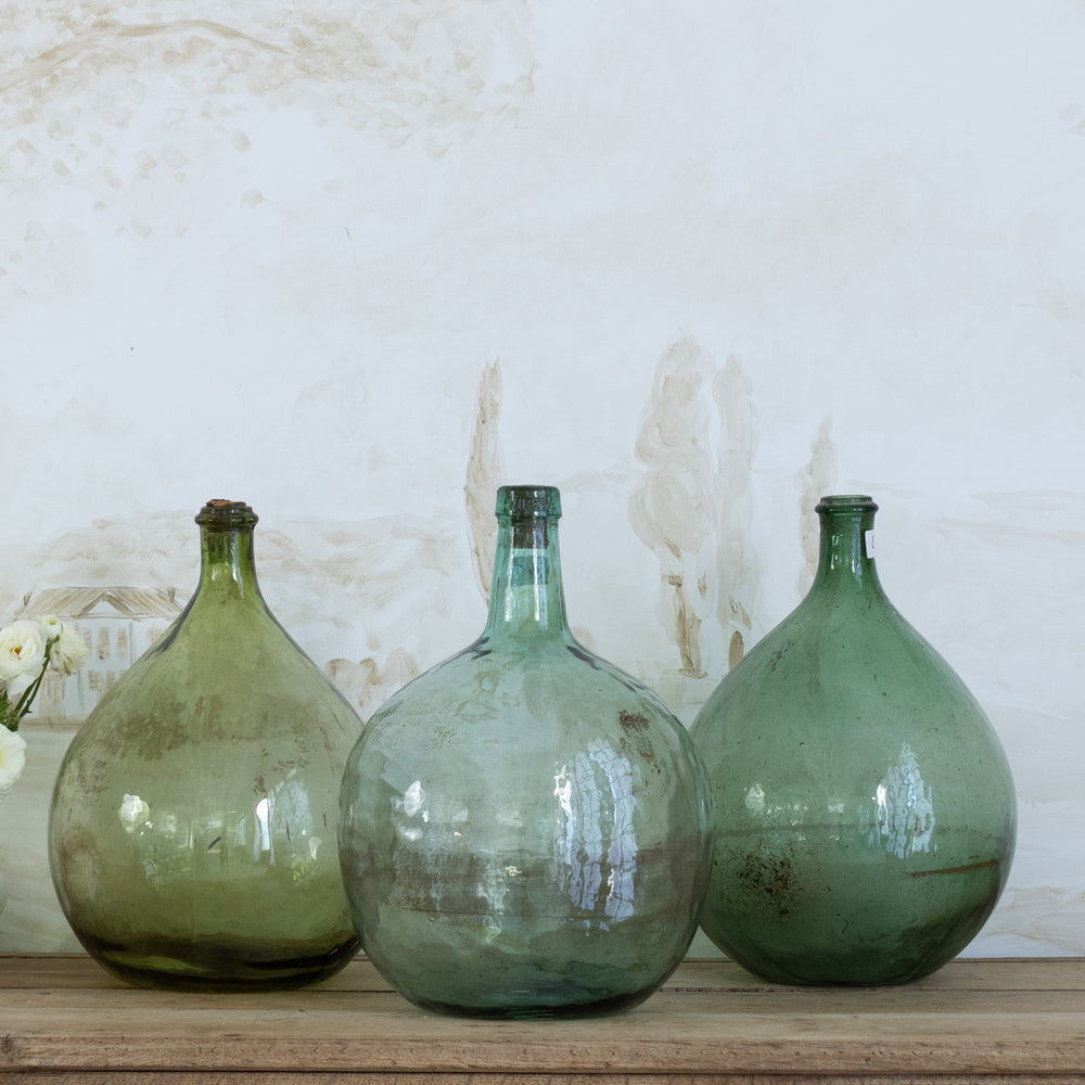 Antique Set of Three Green Glass Demijohns