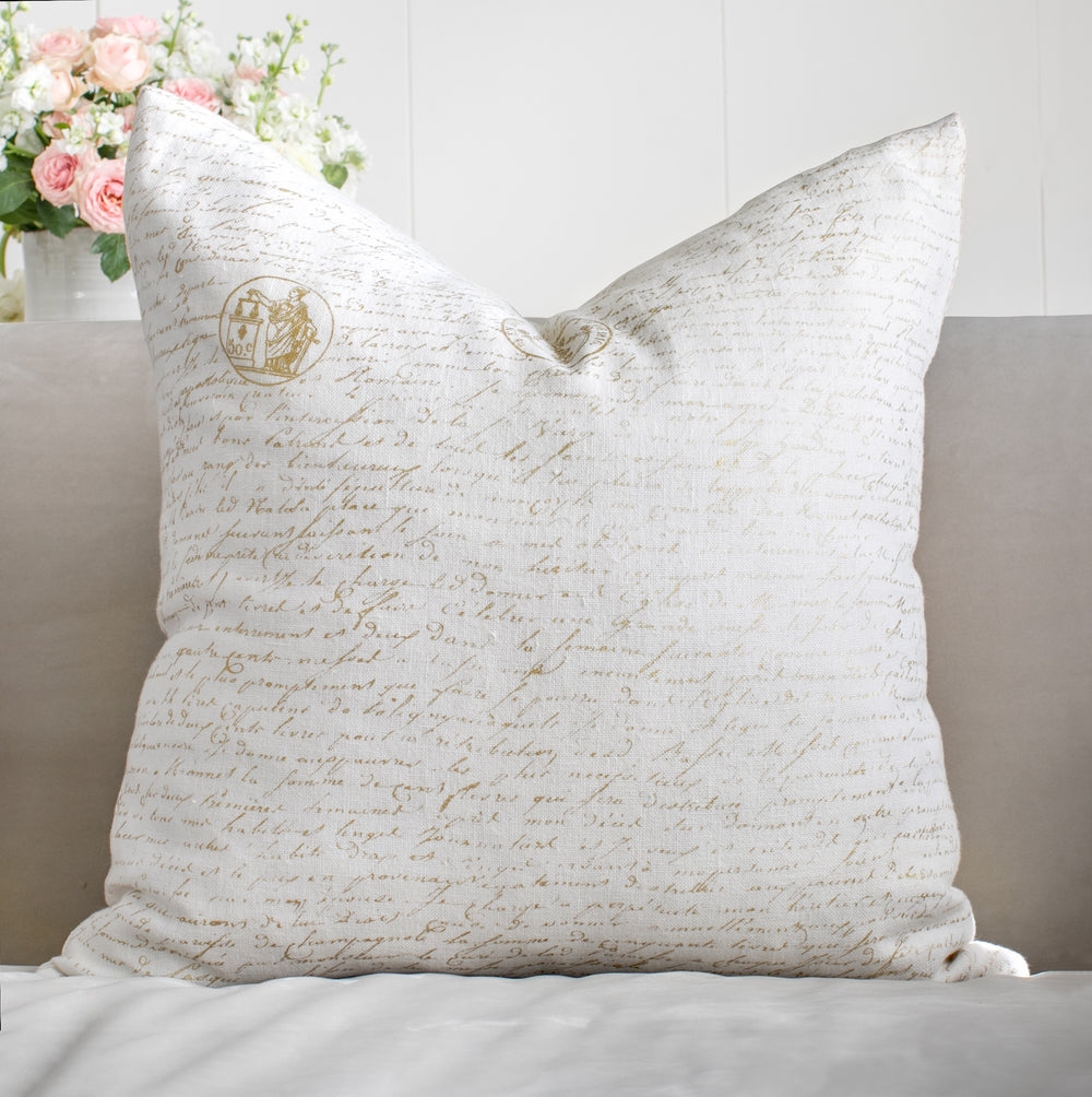 Calligraphie Pillow Cover in White Linen with Metallic Gold Script