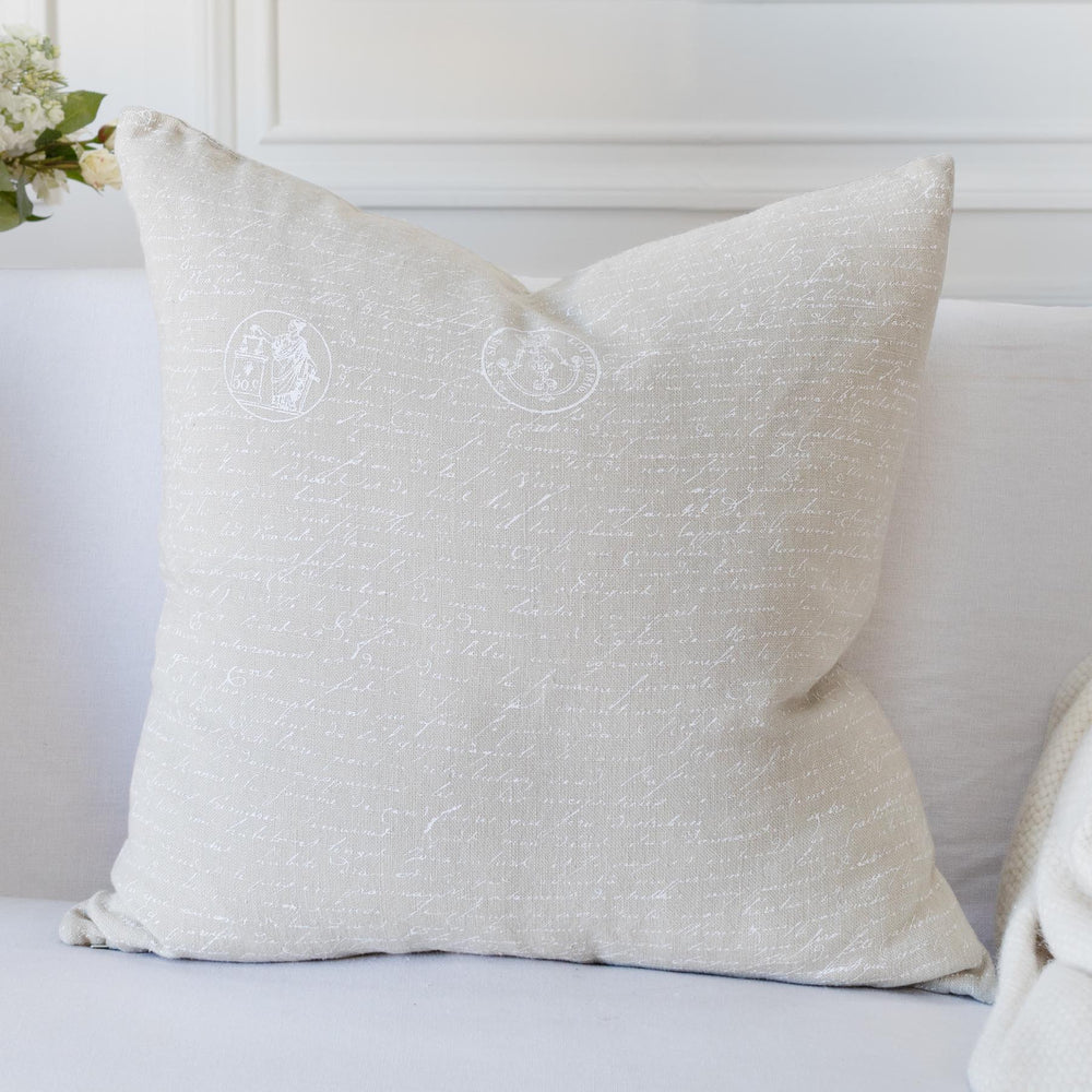Calligraphie Pillow Cover in Ecru Linen with White Script