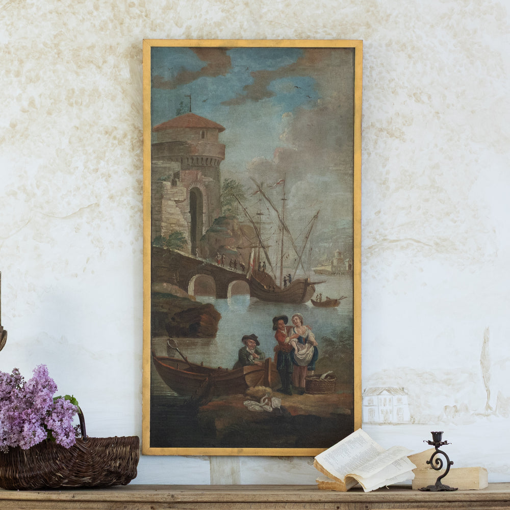 Antique Flanders Port Scene Painting