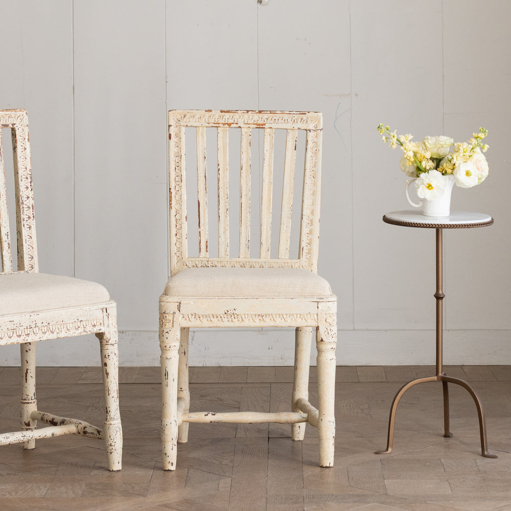 Antique White Gustavian Side Chairs with Carved Detail