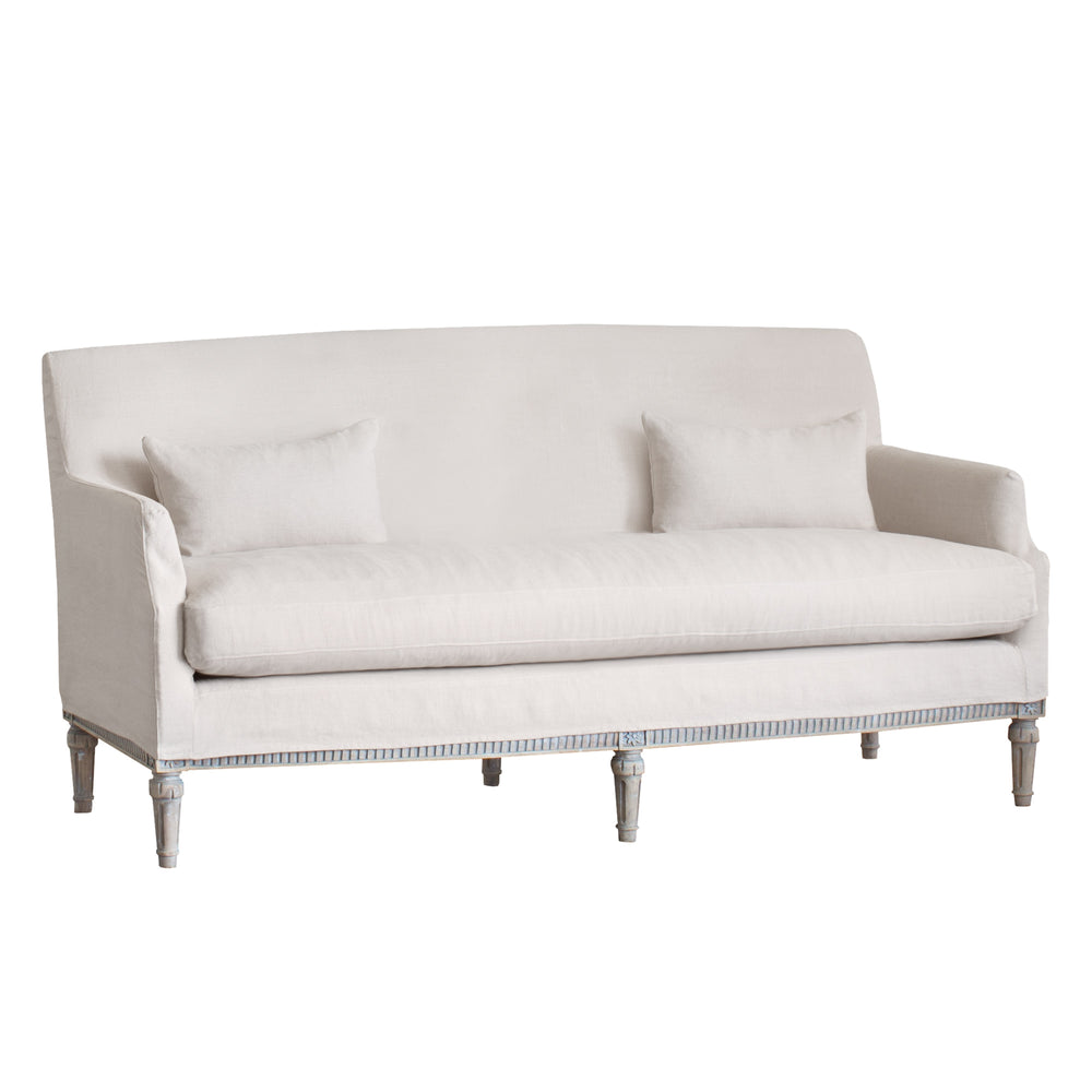 Louis Cannes Loveseat in Harvest Linen Slipcover and Starboard Oak Finish