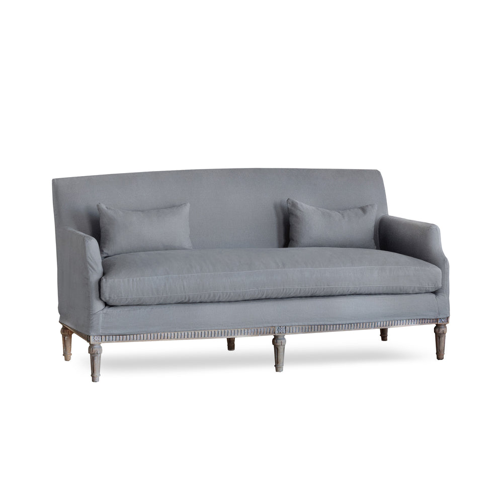 Louis Cannes Loveseat in Slate Grey Linen Slipcover and Starboard Oak Finish