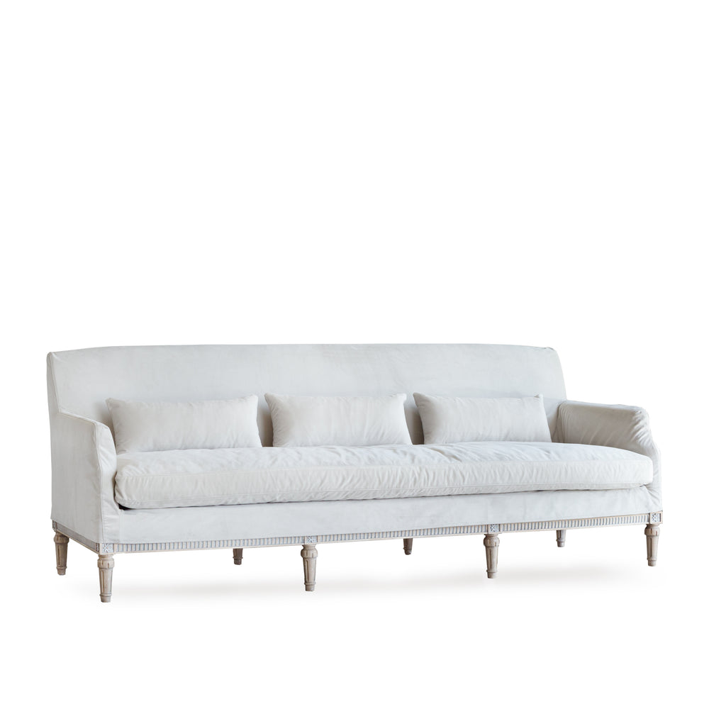 Louis Cannes Sofa in Cloudy Velvet Slipcover and Starboard Oak Finish