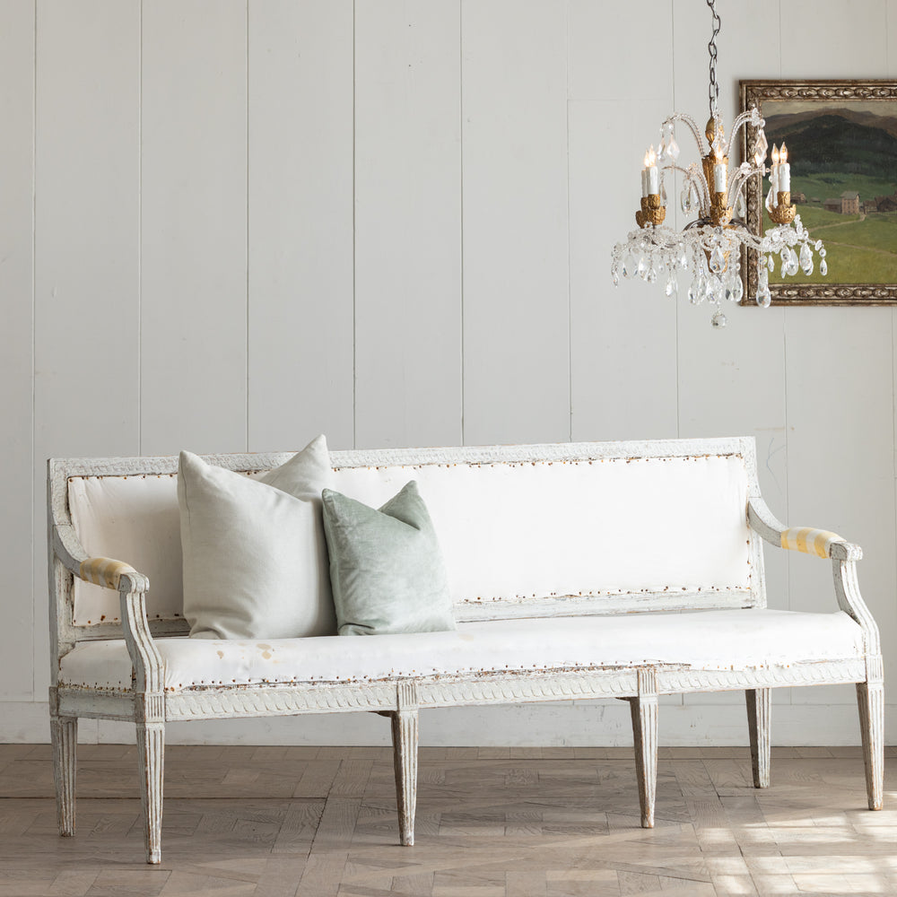 Antique Gustavian Settee with Gray Paint and Carved Detail