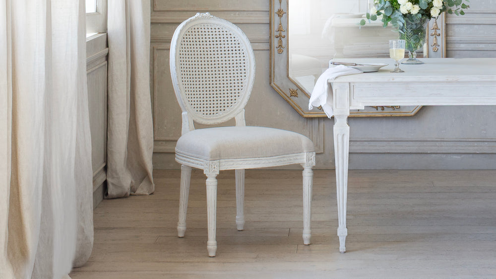 Louis Cane Dining Chair in Fog Linen and Antique White Finish