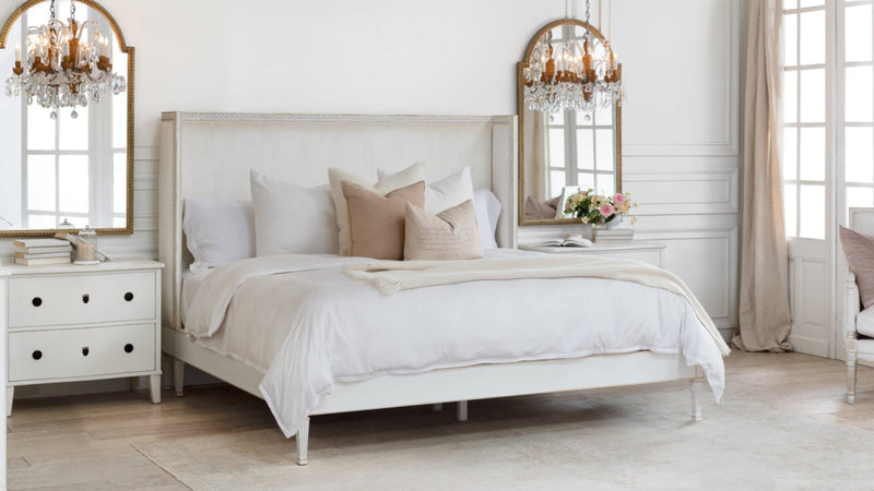 Cassia Bed in Ivory Velvet and Antique White With Gold Leaf Finish