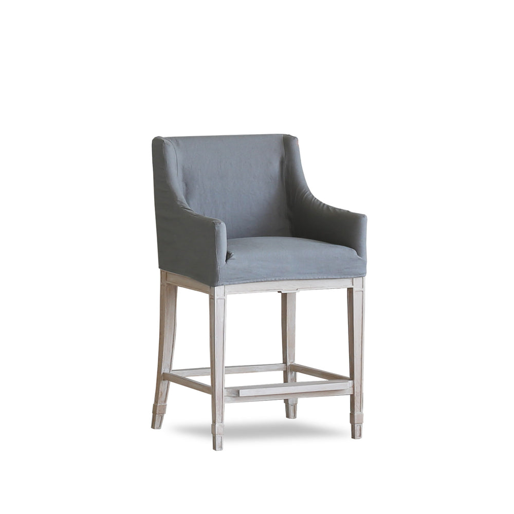 Scandinavian Counter Chair in Slate Grey Linen Slipcover and Worn Oak Finish