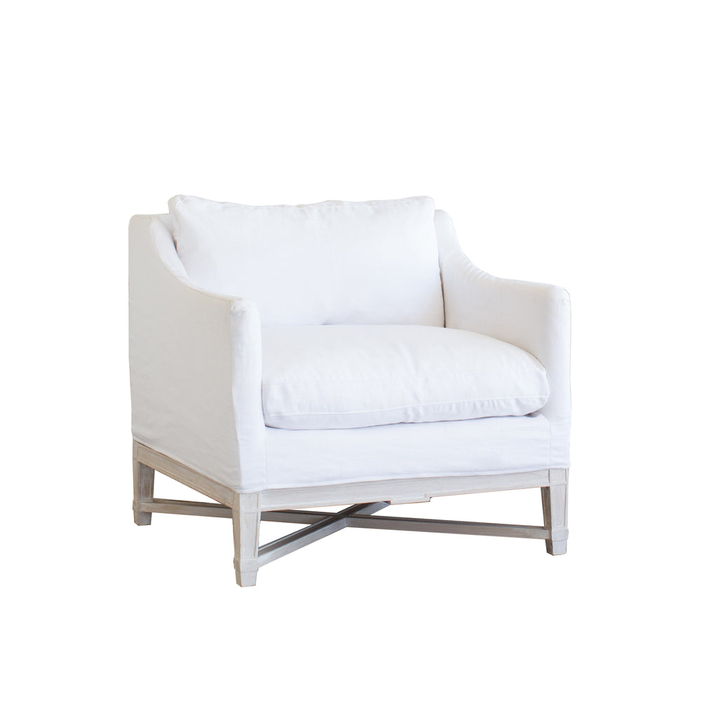Scandinavian Bergere in Whispy White Linen Slipcover and Worn Oak Finish
