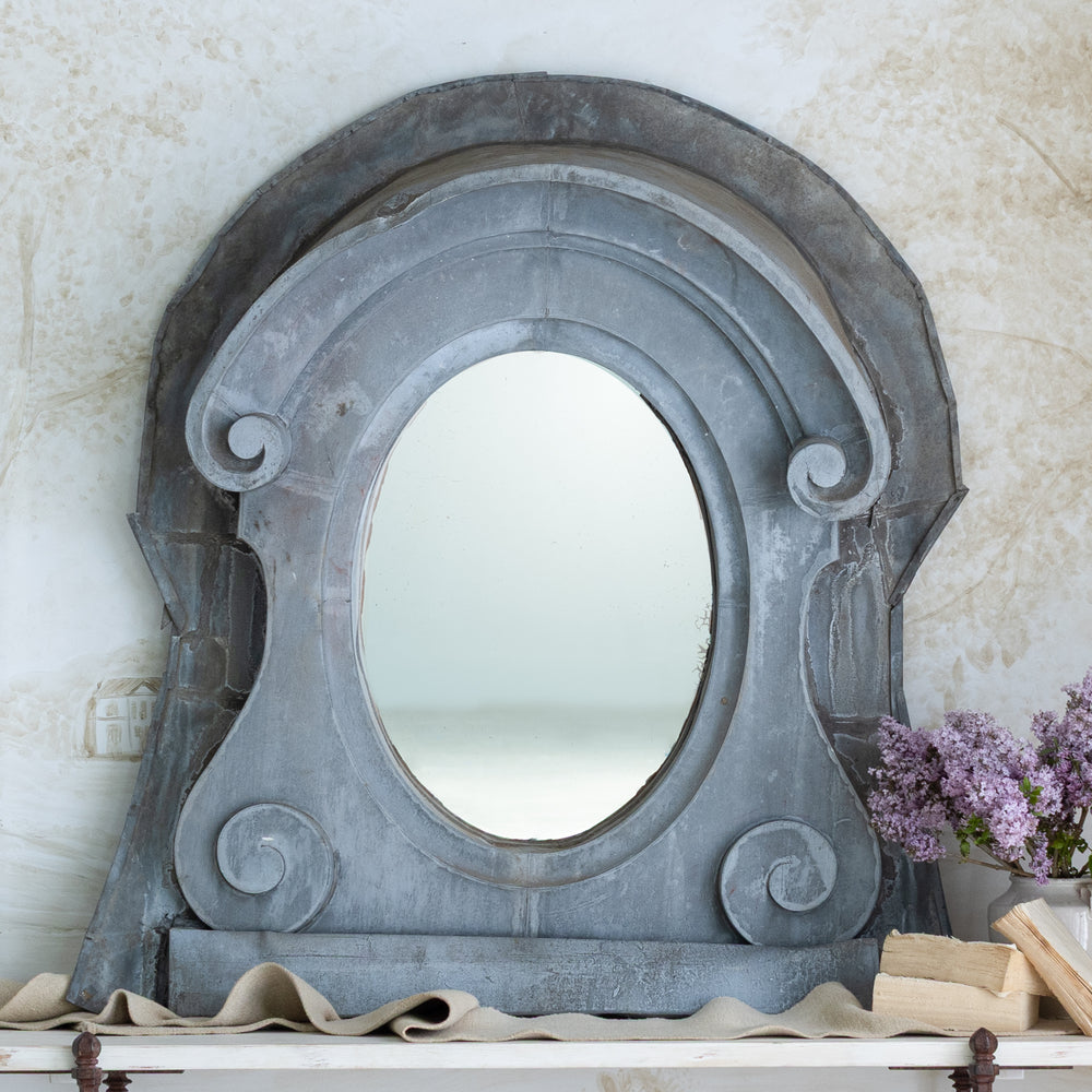 Antique French Zinc-Framed Windowpane Mirror
